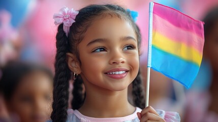 Girl holding pride flag, smiling