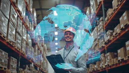 Watching holographic globe appearing at warehouse, coordinator inspecting inventory with clipboard - Powered by Adobe