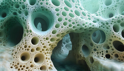 Porous, organic-looking structure with numerous holes, exhibiting shades of aqua, beige, and faint yellow-green