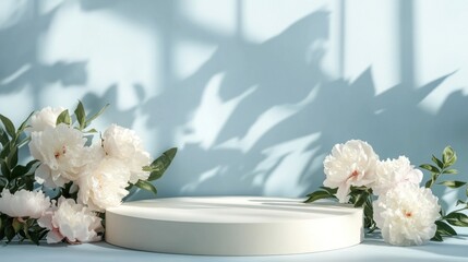 White round podium for product demonstration on light blue surface surrounded by white peonies and strong shadows on the wall