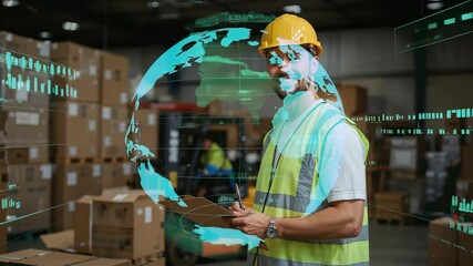 Warehouse worker scanning inventory barcodes, observing AR globe data and updating clipboard - Powered by Adobe
