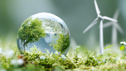 Green Earth Concept: Crystal Globe with Trees on Moss, Symbolizing Environmental Protection and Renewable Energy