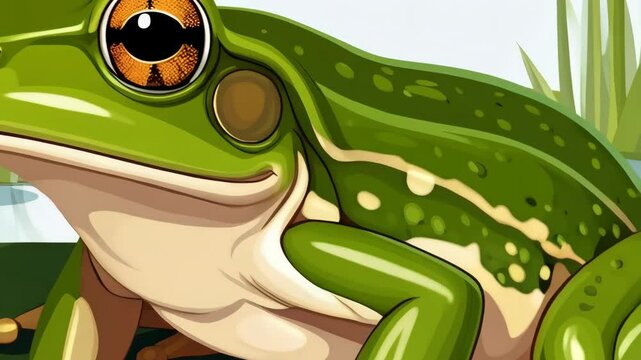 Green cartoon frog sitting on a lily pad in a pond near white water lilies, animal illustration with detailed textures and patterns, amphibians