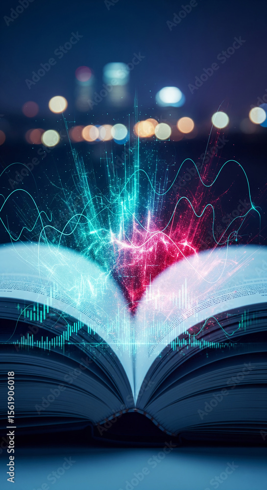 Poster open book with glowing teal and pink data streams emanating from its pages, symbolizing knowledge, i