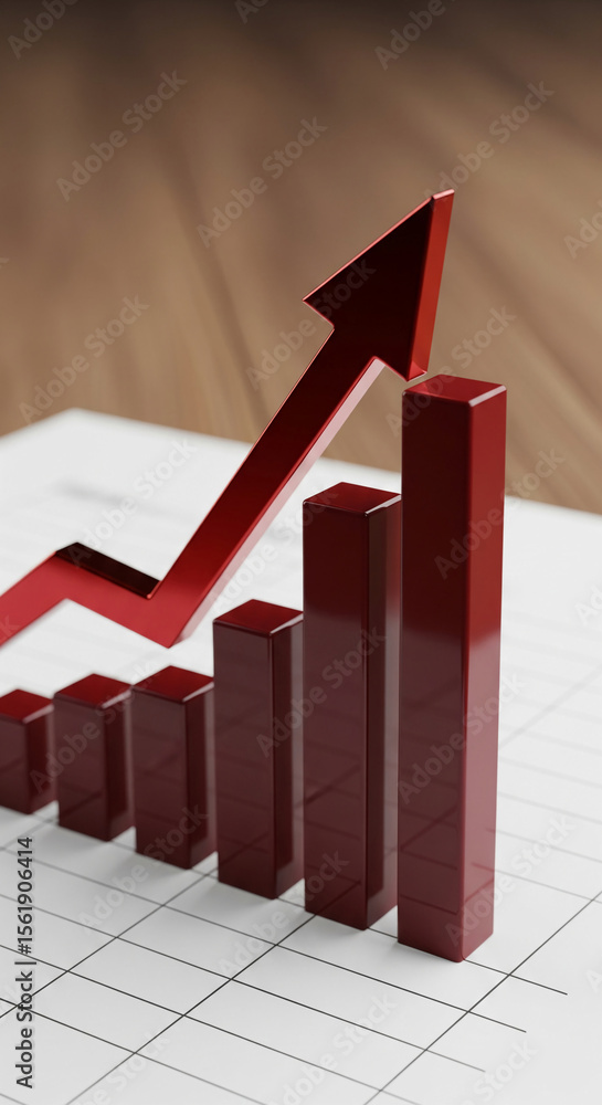Poster red bar graph with upward arrow, showcasing growth and progress, symbolizing success and upward tren