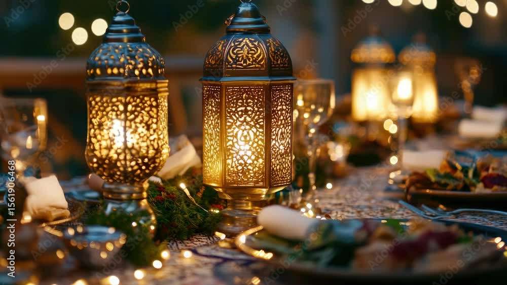 Poster table set with traditional lanterns and candles, creating a warm and inviting atmosphere for a festi
