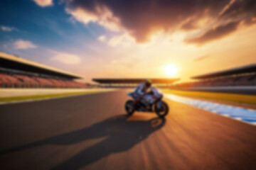 Fototapeta premium Blurry photo of a racing circuit atmosphere showing racers on the track with a yellow sunset,