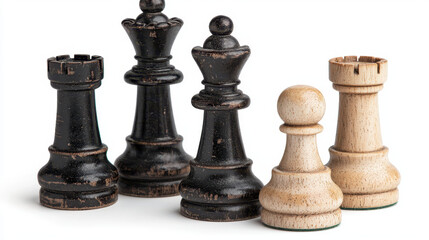 Fototapeta premium Chess pieces close up view, featuring mix of black and white colors, showcasing intricate details and textures of wood. image evokes sense