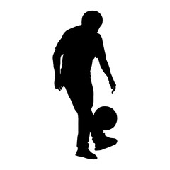 A black silhouette of a male football (soccer) player expertly juggling the ball. Isolated on a clean white background. Perfect for sports-themed designs and illustrations.