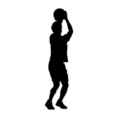 A black silhouette of a male basketball player in action, captured in the moment of shooting the ball. Isolated on a clean white background. Ideal for sports-related designs, graphics.