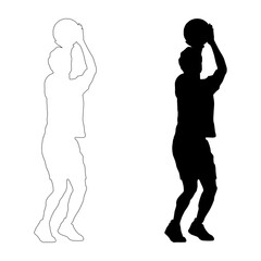 A black silhouette of a male basketball player in action, captured in the moment of shooting the ball. Isolated on a clean white background. Ideal for sports-related designs, graphics.