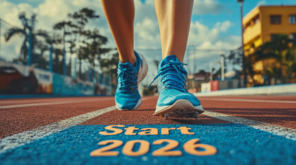 Female athlete in dynamic starting position on track, ready to sprint with determination