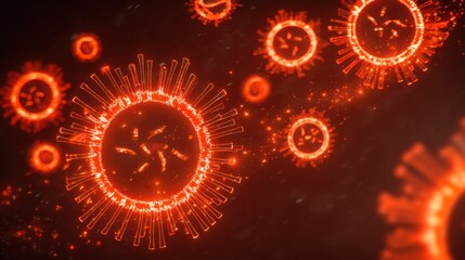 Fototapeta premium Glowing circular virus-like structures with orange-red neon cores, detailed molecular patterns, radiating spike protrusions, dark background, scattered light particles.