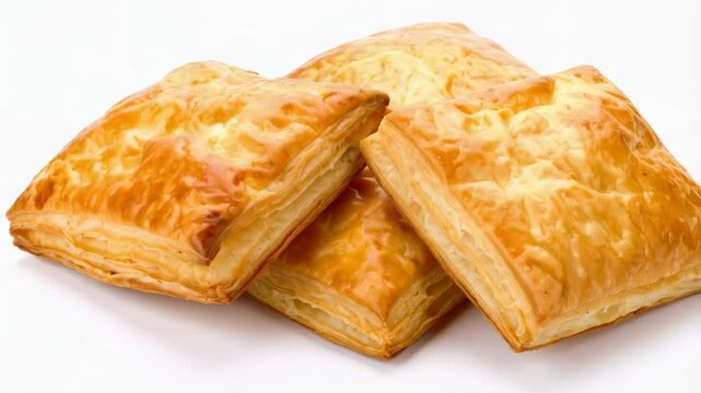 Close-up of freshly baked puff pastry turnovers with golden crusts and delicate layers against a white background in bright daylight.