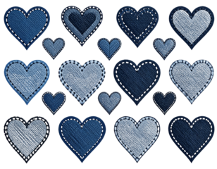 Set of Embroidered Heart Outlines in Monochrome Thread, isolated on transparent background