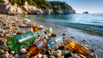 Plastic bottles and litter on rocky beach shoreline with clear blue sea and trees, pollution and ocean concept