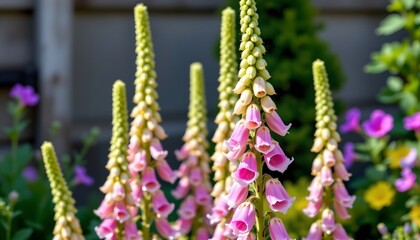 Fototapeta premium the image showcases a collection of foxgloves, known scientifically as digitalis purpurea, standing tall against a blurred background