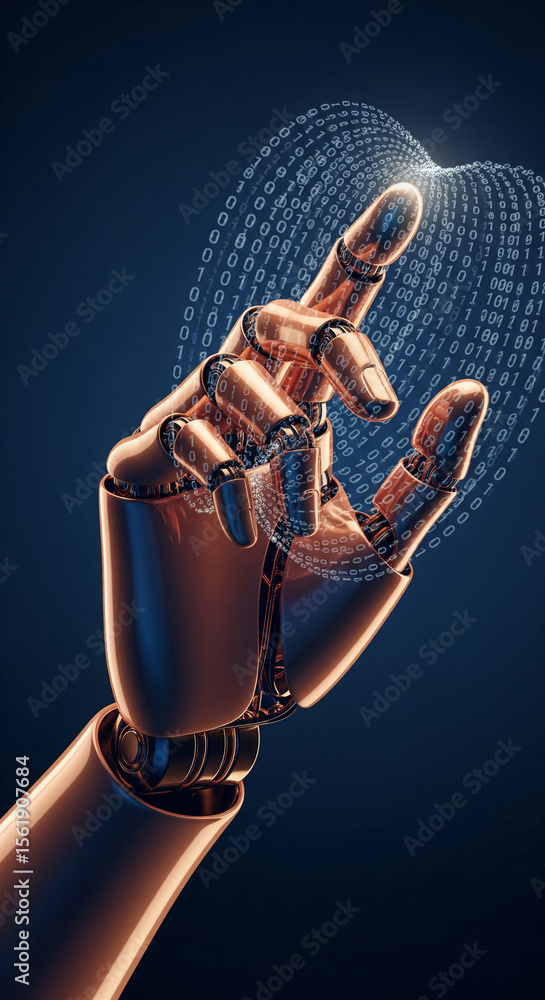 Poster robotic hand, copper metallic, interacting with binary code, data visualization, technological conce