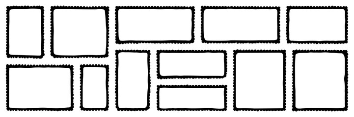 Hand drawn black frame set. Curly border rectangular and square shape. Isolated vector elements for postcard template, decoration, photo mask or text box