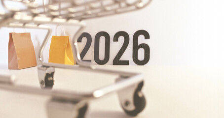Future Shopping Concept 2026 with Cart and Paper Bags on White Background