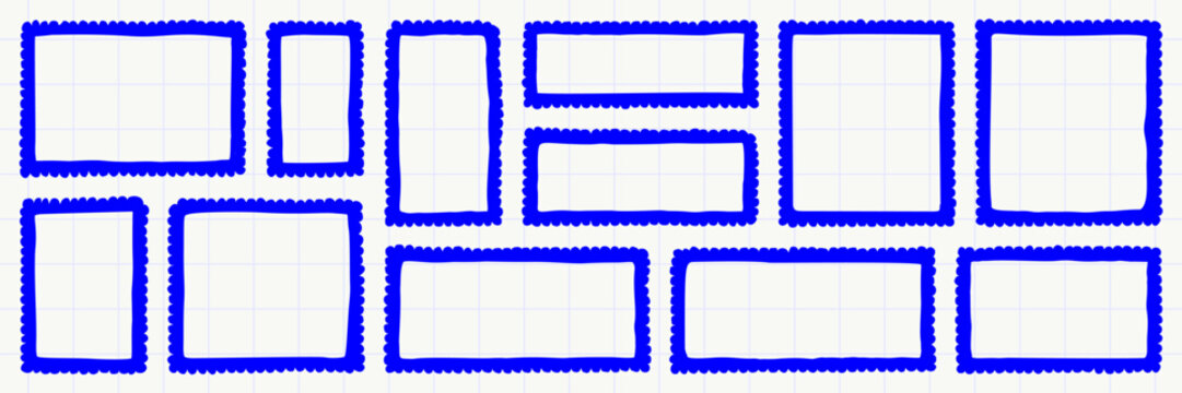 Set of hand drawn blue scallop rectangle frame with wavy border. Isolated vector elements for postcard template, decoration, photo mask or text box