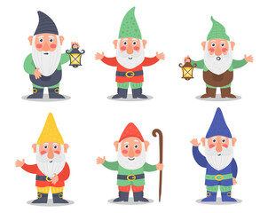 PNG adorable dwarf gnome garden cartoon cap bearded figure fairy tale childish happy magic mushroom smile man illustration isolated vector fun decoration banner autumn set toy

