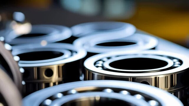 Close-up shot showcases a collection of shiny, metallic ball bearings designed for industrial machinery, highlighting engineering precision.