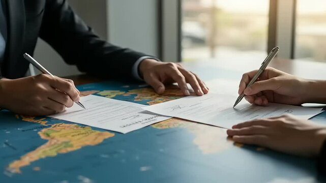 Signing contracts on a world map at a sunny office