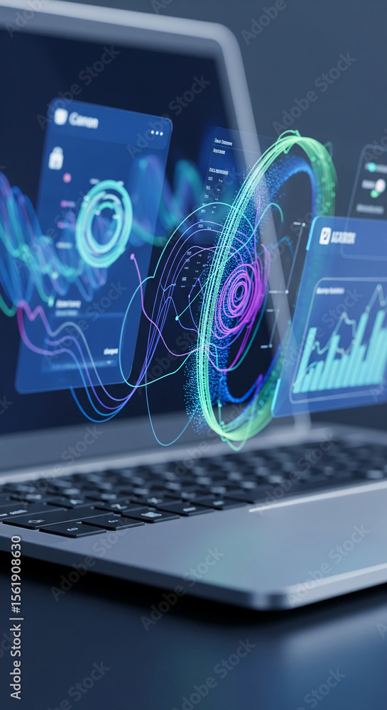 Poster laptop displaying dynamic data visualizations, abstract lines and glowing particles, representing di