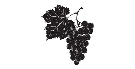 Obraz premium Detailed black and white illustration of a grape cluster and leaf silhouette