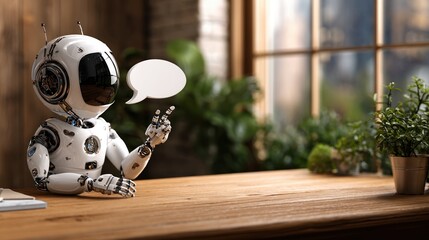  Photo of an AI robot sitting at a table and talking with speech bubbles, in an office interior background. 