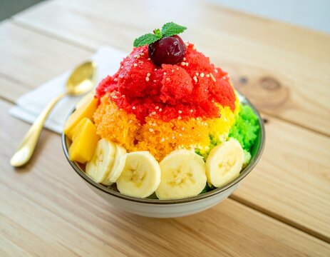 A rainbow bingsu or ice with fresh fruites
