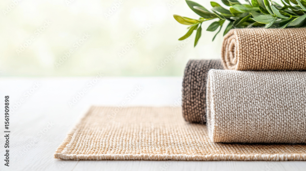 Poster soft textiles stacked neatly with greenery, creating serene and minimalist atmosphere