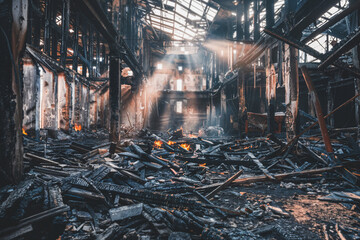 Sunbeams through ruined warehouse after fire