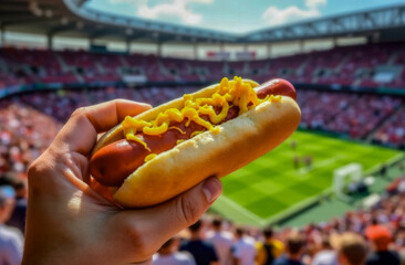 Delicious hot dog in a bun to celebrate National Hot Dog Day in front of the stadium. traditions and customs