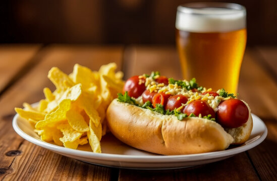 The concept of the national Hot Dog Day poster. an image of a delicious hot dog with mustard and sauce next to crispy French fries.	 - Powered by Adobe