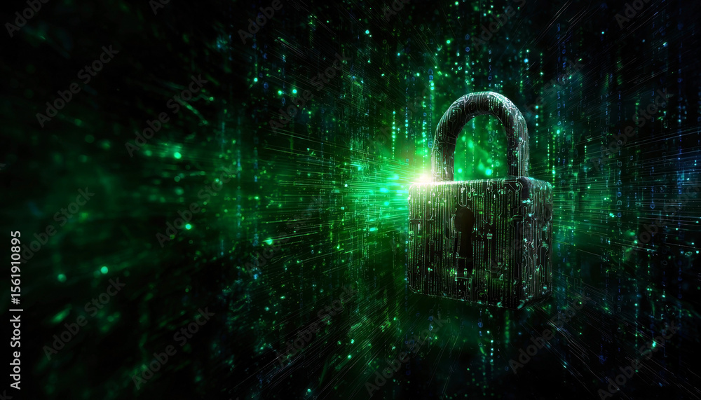 Poster a striking digital illustration of a lock surrounded by green binary code, symbolizing cybersecurity