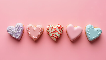Set of chocolate candies with colored glaze in the shape of a heart on a pink background. Top view. Valentine's Day concept
