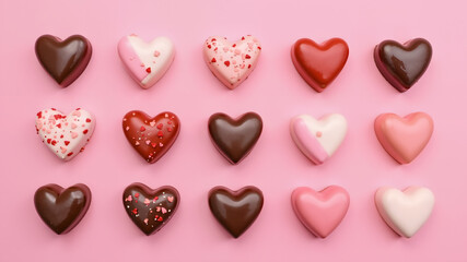 Fototapeta premium Set of chocolate candies with colored glaze in the shape of a heart on a pink background. Top view. Valentine's Day concept 