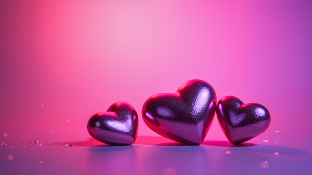 Metallic holographic hearts on pink background, neon purple light . Romantic background. Symbol of love , Valentine's Day wallpaper
 - Powered by Adobe