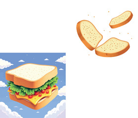 Vsai delicious sandwich floating in the sky with slices of bread