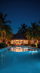 Fototapeta premium Serene tropical resort at night, featuring tranquil pool reflecting palm trees and thatched roof structure. atmosphere is peaceful and inviting