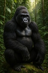 black gorilla sitting on rock