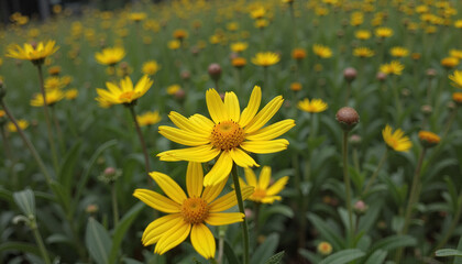 Yellow daisies blooming in a lush green field during spring  