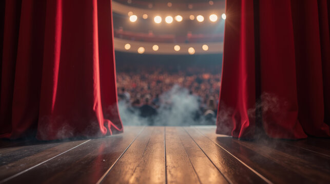 Theater stage with red curtains, audience in background, dramatic lighting, and smoke effects create exciting atmosphere