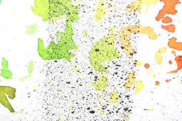 Vibrant Explosion of Multicolour Rainbow Watercolour Paint Splatters and Circles Spots on White Background