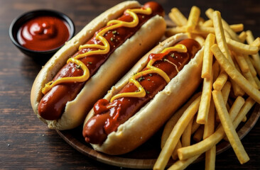 The concept of the national Hot Dog Day poster. an image of a delicious hot dog with mustard and sauce next to crispy French fries.