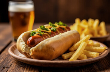 The concept of the national Hot Dog Day poster. an image of a delicious hot dog with mustard and sauce next to crispy French fries.	