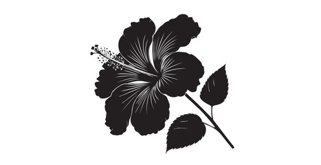 Elegant black hibiscus flower with detailed petals and leaves silhouette