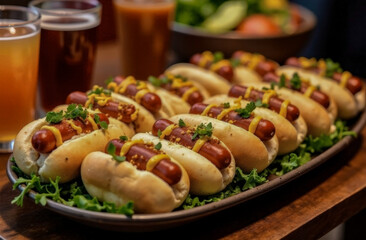 a row of sausages in dough with sauce and vegetables are on a plate. a festival dedicated to the national hot dog Day. illustration national Hot dog Day